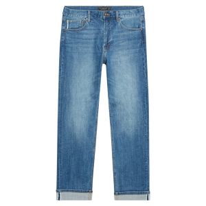 Flat lay of Preston straight jeans in medium blue Pembridge wash with faded thighs and rolled cuffs