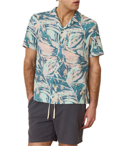 Model wearing Marine layer stretch selvage shirt in abstract palms print, casual shirt, front view