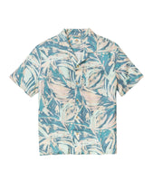 Marine layer stretch selvage shirt in abstract palms print, casual shirt, flat lay view