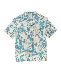 Marine layer stretch selvage shirt in abstract palms print, casual shirt, flat lay view