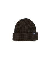 Close-up of chunky rib knit texture and woven label on Brown Prowl Beanie from The Simple Man