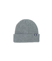 Close-up of chunky rib knit texture and woven label on Heather Grey Prowl Beanie from The Simple Man