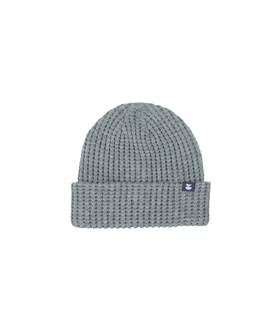 Close-up of chunky rib knit texture and woven label on Heather Grey Prowl Beanie from The Simple Man