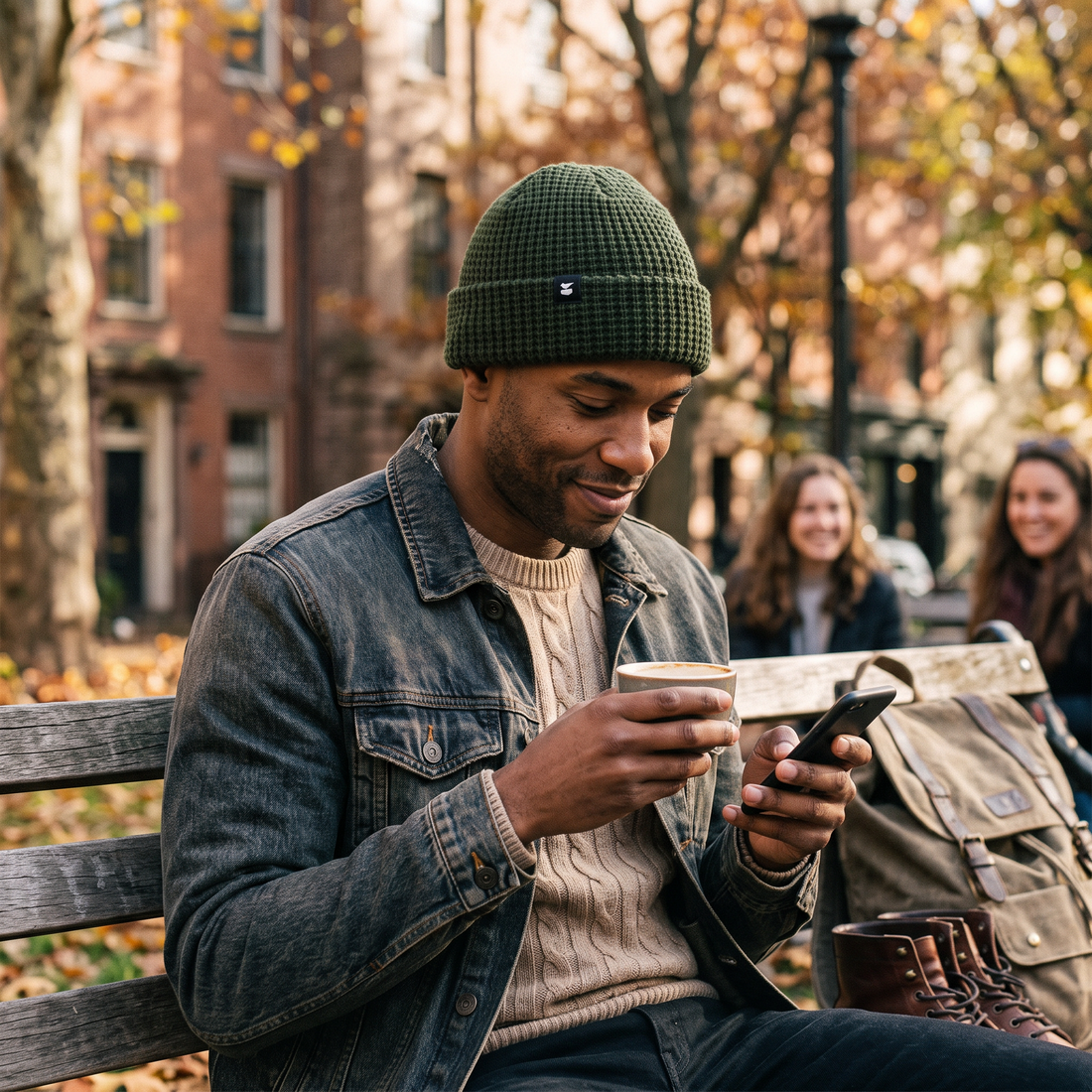 Man on a park bench in an olive green Prowl Beanie and denim jacket, checking his phone with a coffee, lifestyle shot