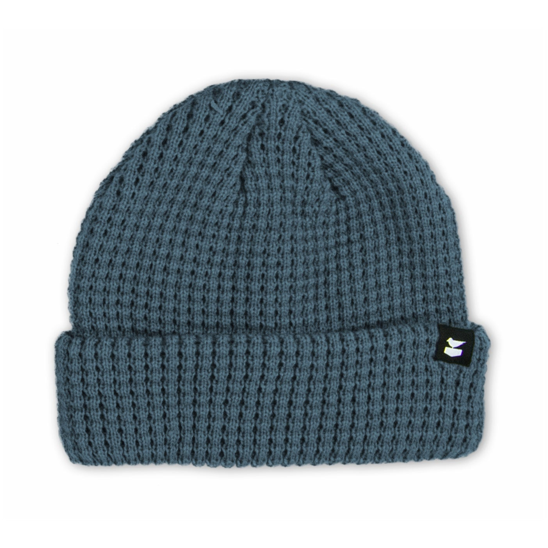Blue waffle knit Prowl Beanie with a folded cuff and small woven label, front view