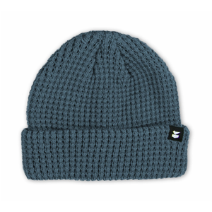 Blue waffle knit Prowl Beanie with a folded cuff and small woven label, front view