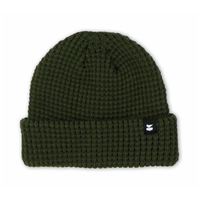 Dark olive green Prowl Beanie in chunky waffle knit with a folded cuff, front view