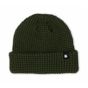 Dark olive green Prowl Beanie in chunky waffle knit with a folded cuff, front view
