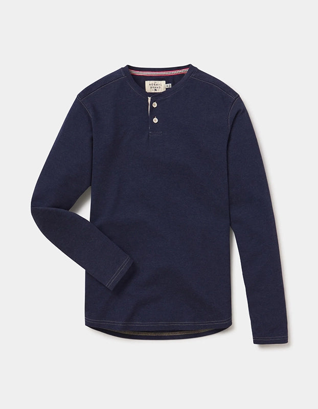 The Normal Brand Puremeso 2 Button henley shirt in navy, Flat lay view