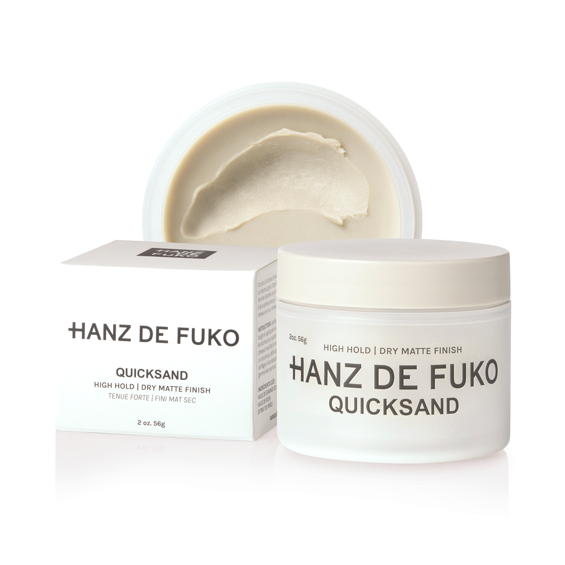 Quicksand texture wax jar with box, dry matte hair styler, front view