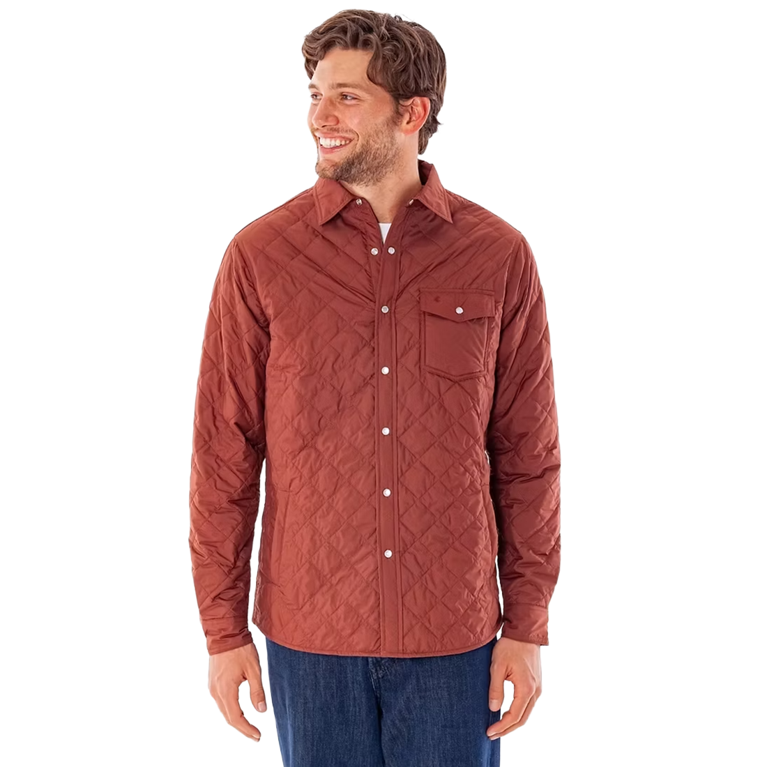 Man wearing Quilted Shacket in Firewood, smiling, styled with jeans - The Simple Man