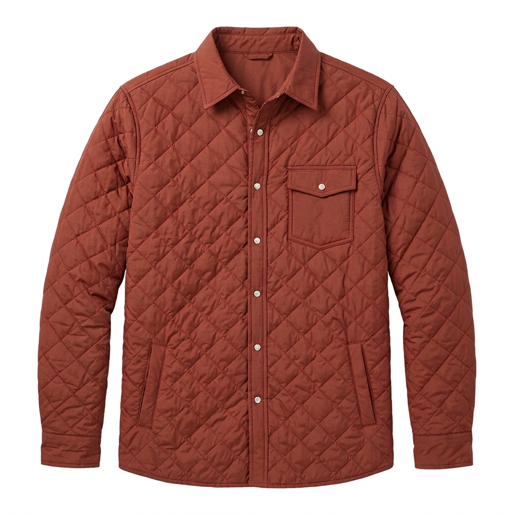 Quilted Shacket in Firewood flat lay front view showing snap closures and chest pocket - The Simple Man
