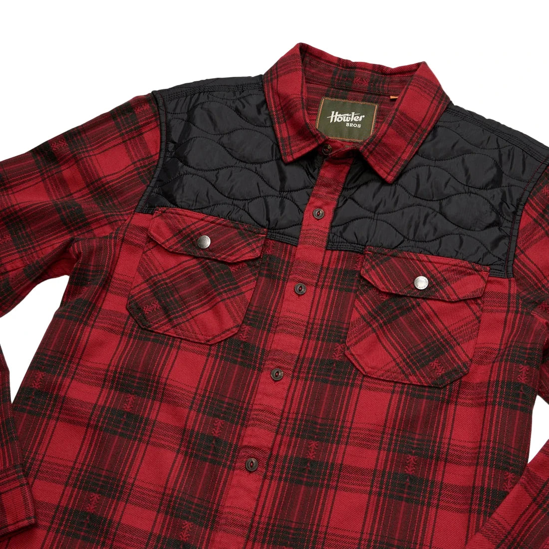 Howler Brothers Quintana Flannel Shirt in Brick Red Plaid – Snap pockets and quilted shoulder panel detail – The Simple Man