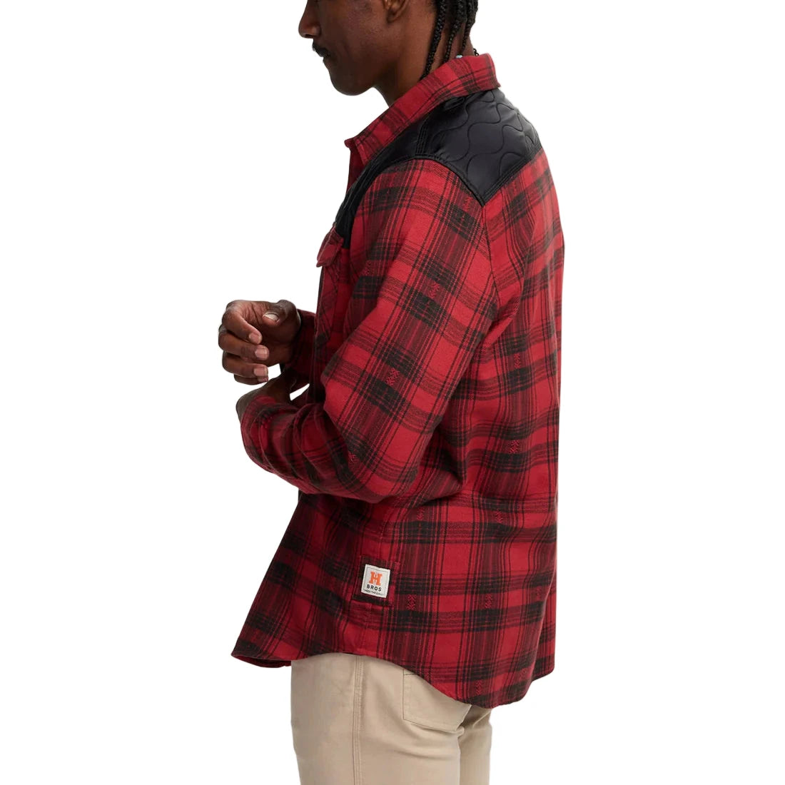 Howler Brothers Quintana Quilted Flannel in Brick Red Plaid – Side view with black quilted shoulder detail – The Simple Man