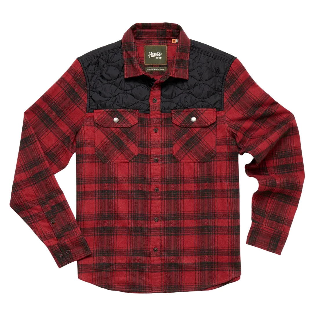 Howler Brothers Quintana Quilted Flannel in Big Barrett Plaid Brick Red – Full front flat lay with black shoulder quilting – The Simple Man