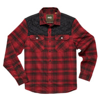 Howler Brothers Quintana Quilted Flannel in Big Barrett Plaid Brick Red – Full front flat lay with black shoulder quilting – The Simple Man