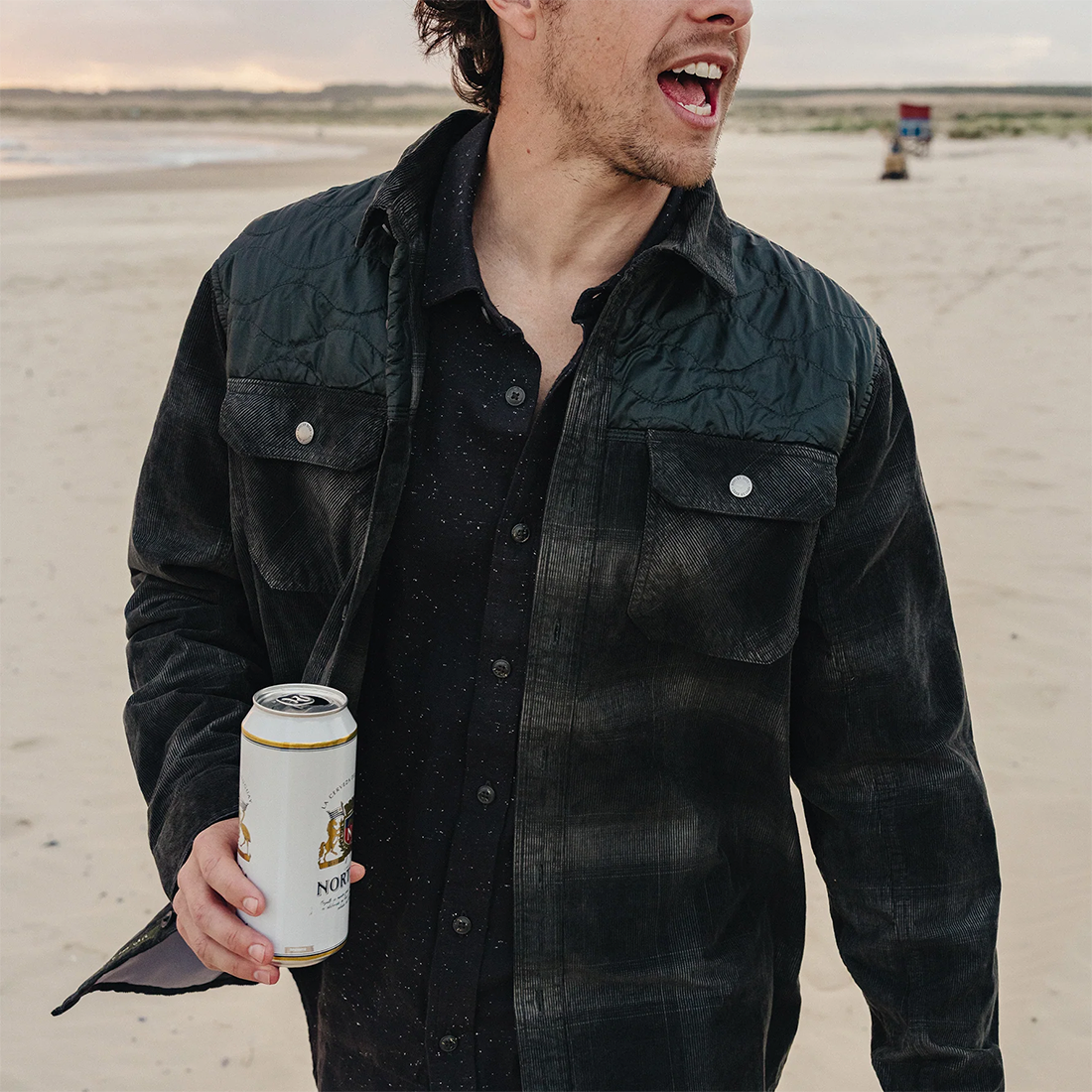Man wearing the Emmett Plaid Nightshade Quintana Quilted Shirt open over a tee, front view, The Simple Man