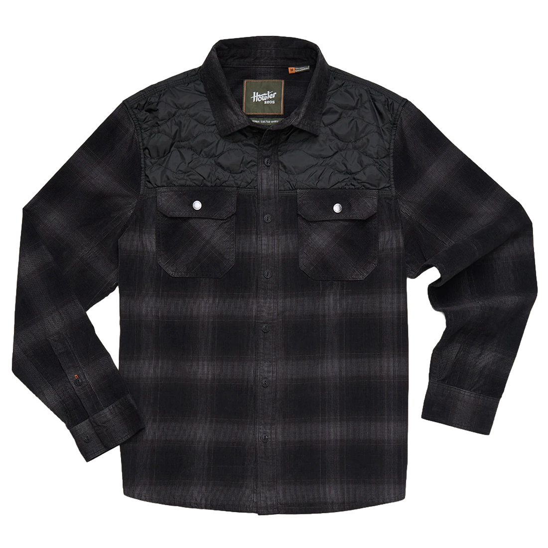 Black ombre plaid corduroy shirt with quilted nylon yoke and snap chest pockets, Quintana Quilted Shirt in Emmett Plaid Nightshade, flat lay front view, The Simple Man