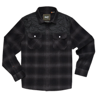Black ombre plaid corduroy shirt with quilted nylon yoke and snap chest pockets, Quintana Quilted Shirt in Emmett Plaid Nightshade, flat lay front view, The Simple Man