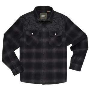 Black ombre plaid corduroy shirt with quilted nylon yoke and snap chest pockets, Quintana Quilted Shirt in Emmett Plaid Nightshade, flat lay front view, The Simple Man