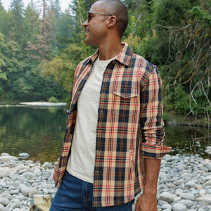 Man looking over his shoulder in Heavy Twill Shacket in Navy Multi Plaid - The Simple Man