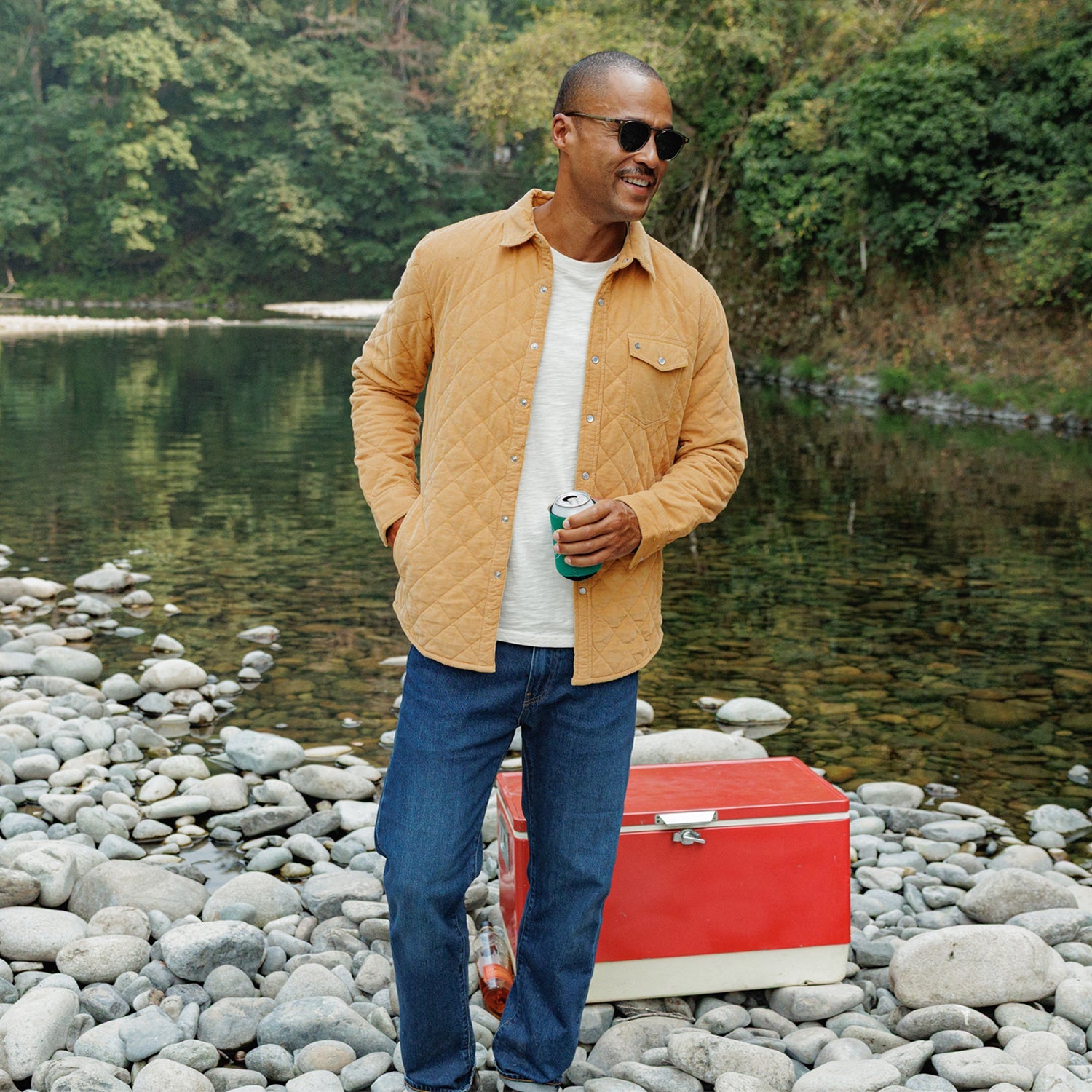 Camel corduroy quilted shacket worn open over a white tee with jeans - The Simple Man