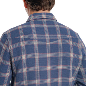 Back view of Waffle Plaid Pearl Snap Shirt showing the Western back yoke - The Simple Man