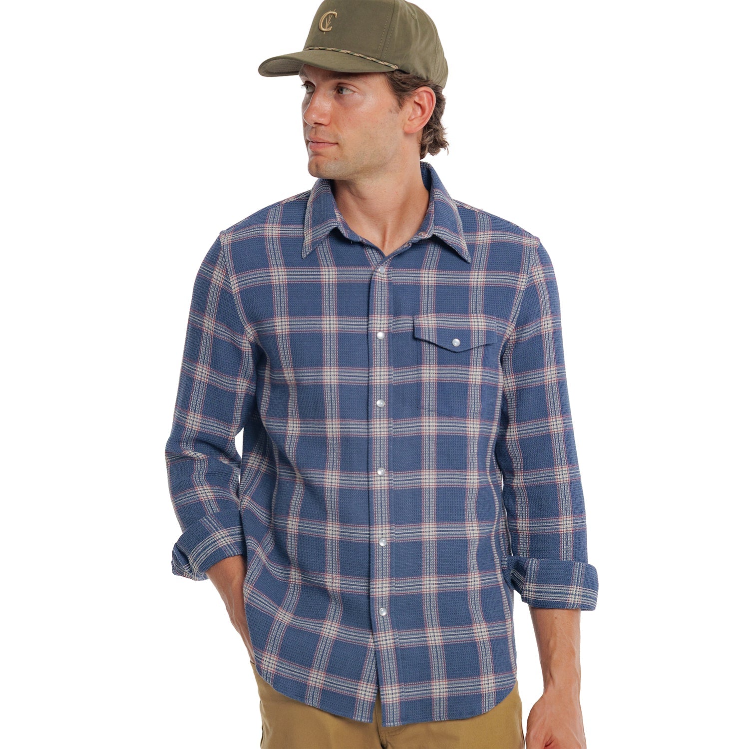 Man wearing Waffle Plaid Pearl Snap Shirt in navy plaid, studio front view with khaki pants - The Simple Man
