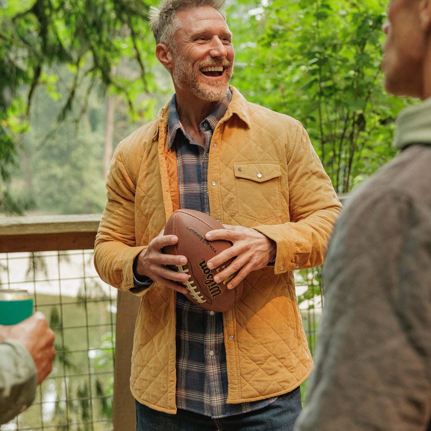 Camel corduroy quilted shacket styled with a plaid shirt, close-up of front - The Simple Man