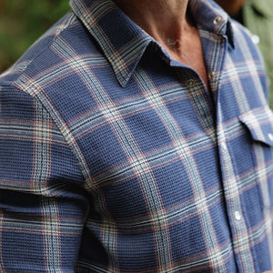 Close-up of Waffle Plaid Pearl Snap collar and waffle texture in navy plaid - The Simple Man