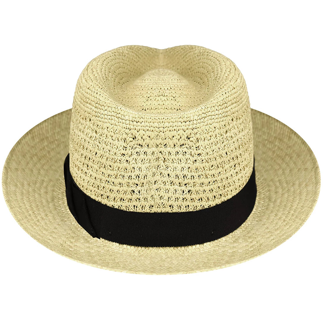 Bailey Racer Panama Hat Natural – Rear view of men's genuine toquilla palm Panama fedora with Japanese grosgrain black band