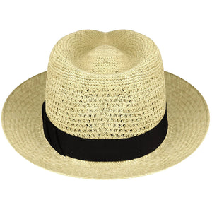 Bailey Racer Panama Hat Natural – Rear view of men's genuine toquilla palm Panama fedora with Japanese grosgrain black band