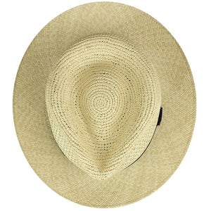 Bailey Racer Panama Hat Natural – top-down view showing crochet teardrop crown and toquilla palm weave on men's genuine Panama fedora