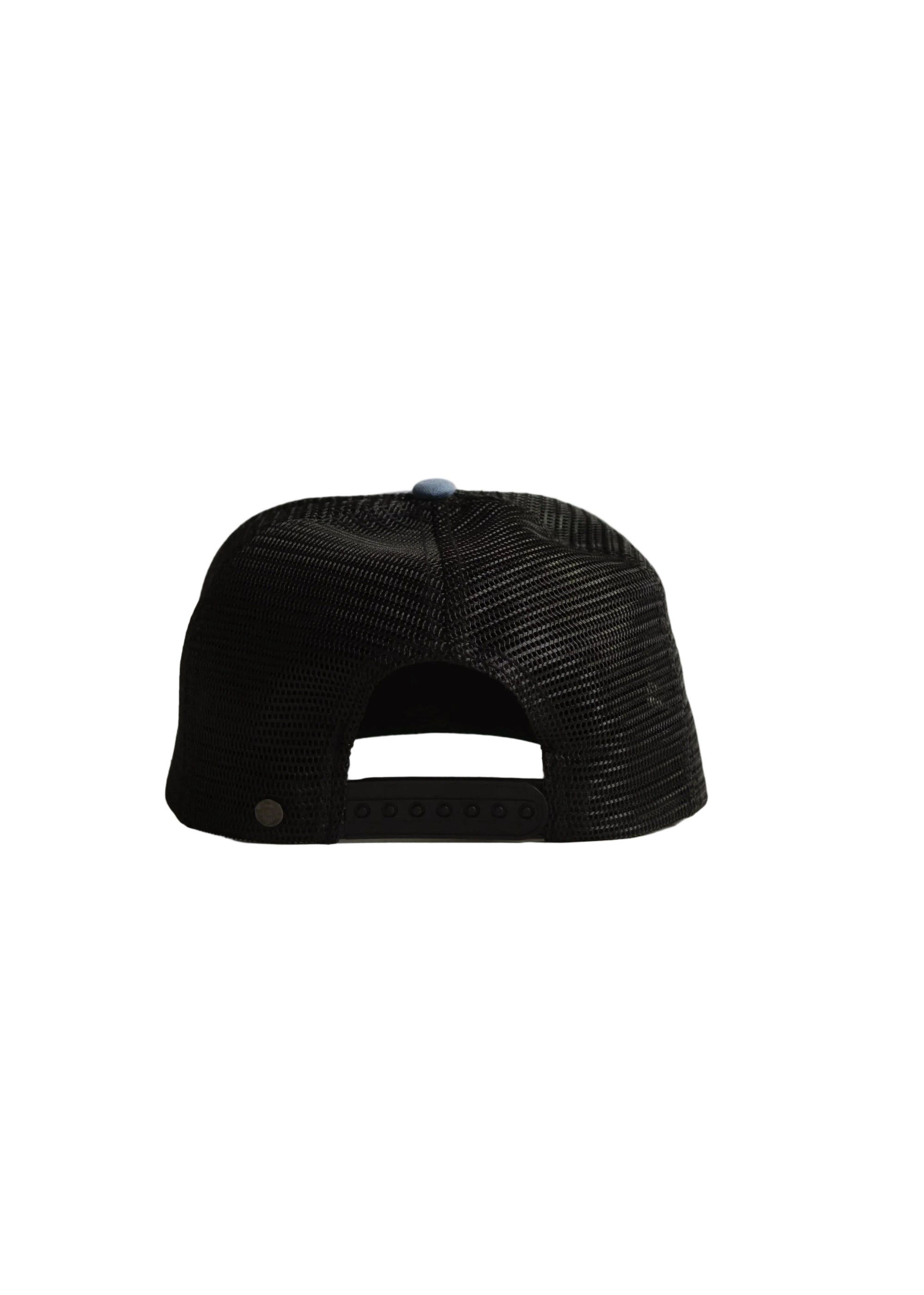 Back view of black mesh snapback hat with adjustable closure and breathable design