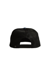 Back view of black mesh snapback hat with adjustable closure and breathable design