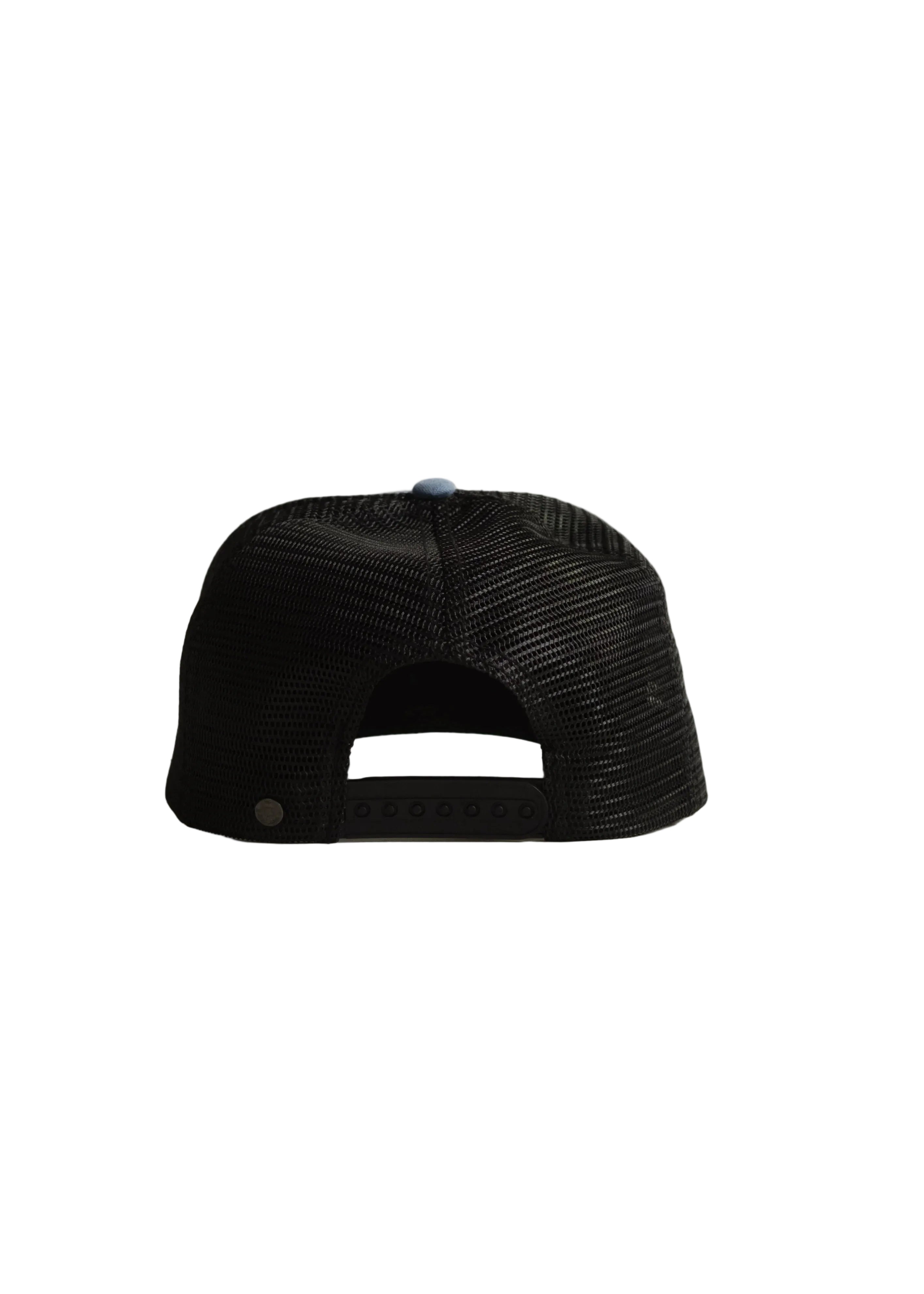 Back view of black mesh snapback hat with adjustable closure and breathable design