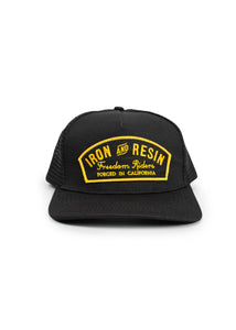 Black Iron and Resin snapback hat with embroidered Freedom Riders patch on front