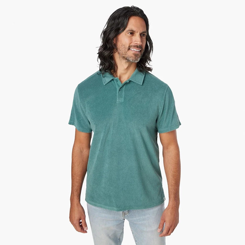 Model Wearing Fair Harbor Ravello Terry Polo In seapine Green color, front view