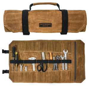 Readywares tool roll, shown with tools and with the roll, rolled up.