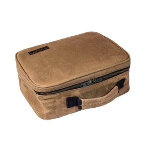 Readywares Waxed Canvas Lunch Box, angled three-quarter view showing zipper and carry handle