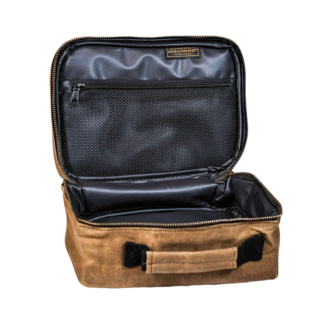 Readywares Waxed Canvas Lunch Box, open view showing insulated interior and mesh zip pocket