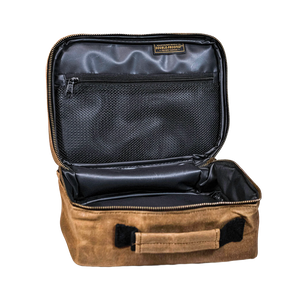 Readywares Waxed Canvas Lunch Box, open view showing insulated interior and mesh zip pocket
