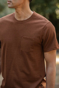 Close-up of chest pocket on Bridge and Burn Recycled Pocket Tee in bronze – slubby jersey texture recycled cotton men's t-shirt
