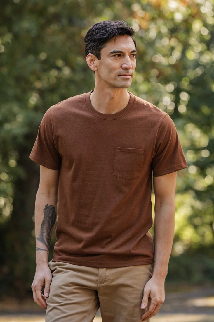 Bridge and Burn Recycled Pocket Tee in bronze on man outdoors – soft midweight recycled cotton pocket tee men's standard fit