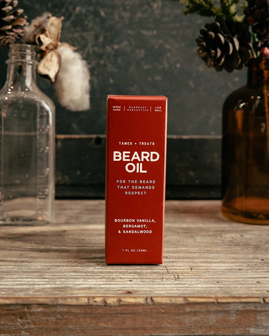 Manready Mercantile Red Label beard oil box bourbon vanilla bergamot sandalwood