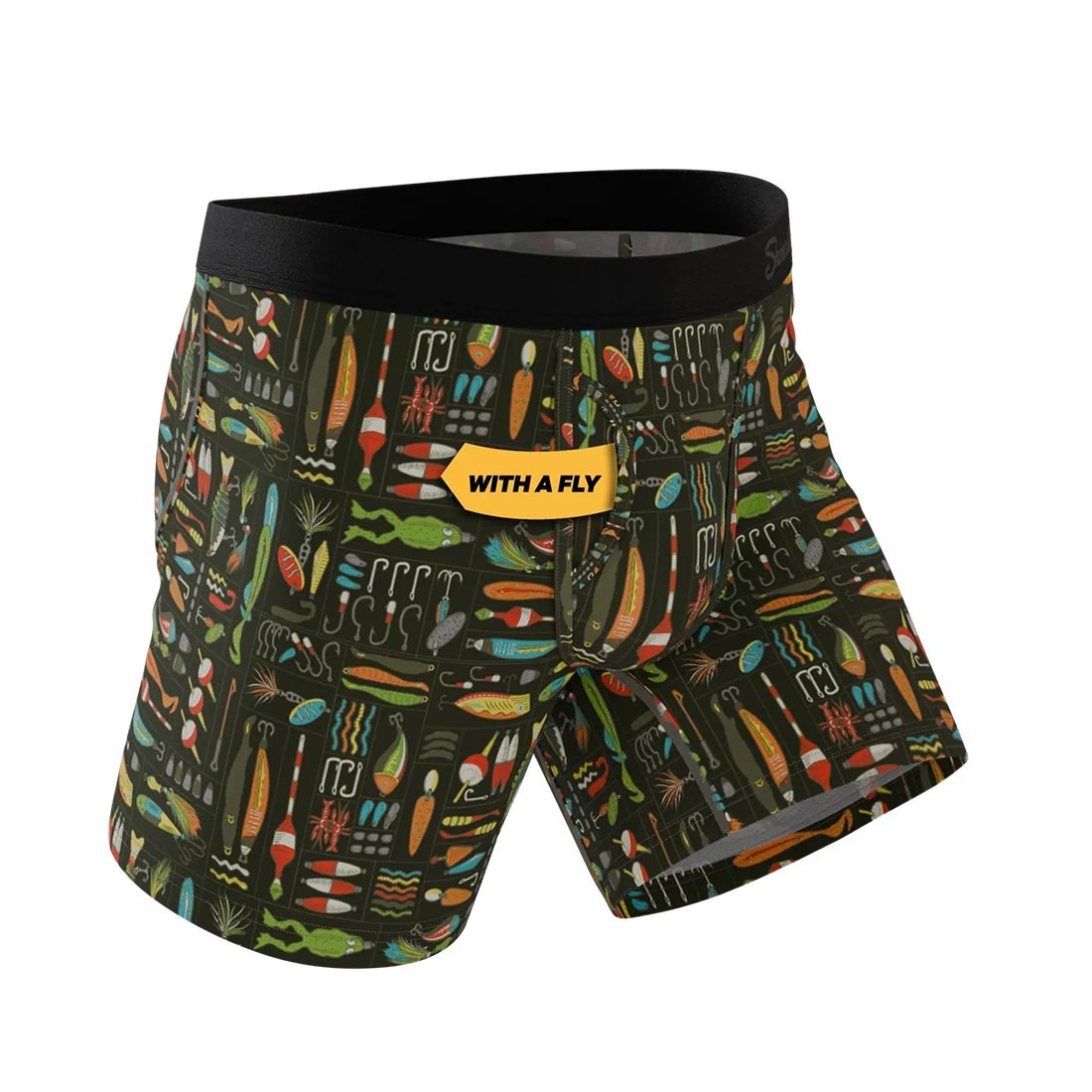 Men’s pouch underwear with fly featuring fishing lure print and supportive ball hammock design