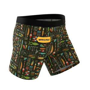Men’s pouch underwear with fly featuring fishing lure print and supportive ball hammock design