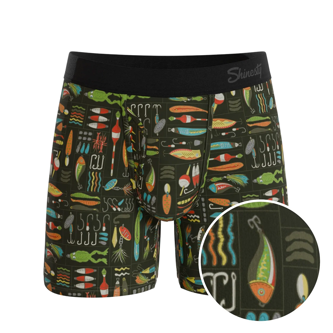 Men’s underwear with fly featuring moisture-wicking fabric and fishing tackle pattern