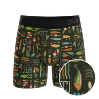 Men’s underwear with fly featuring moisture-wicking fabric and fishing tackle pattern