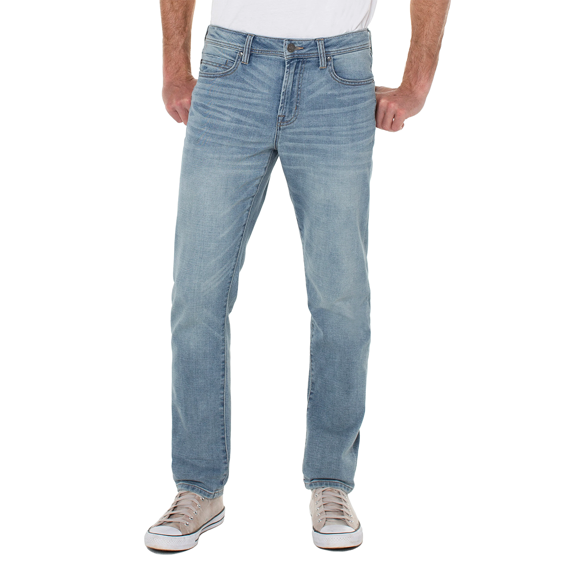 Front view on model of Regent relaxed straight jeans in Palos Verdes, showing room through the thigh and tapered leg